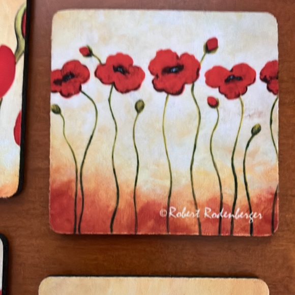 VINTAGE ROBERT RODENBURGER 3.5” SQUARE FOAM COASTERS FEATURING “POPPY GARDEN” - Picture 3 of 12